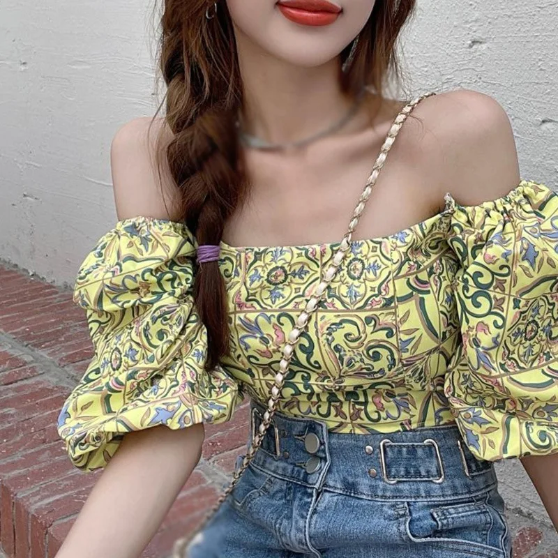 

Korean Popular Women's Floral Print Crop Top Square Collar Chiffon Puff Short Sleeve Shirt Blouse Elegant Lady's Summer Tees