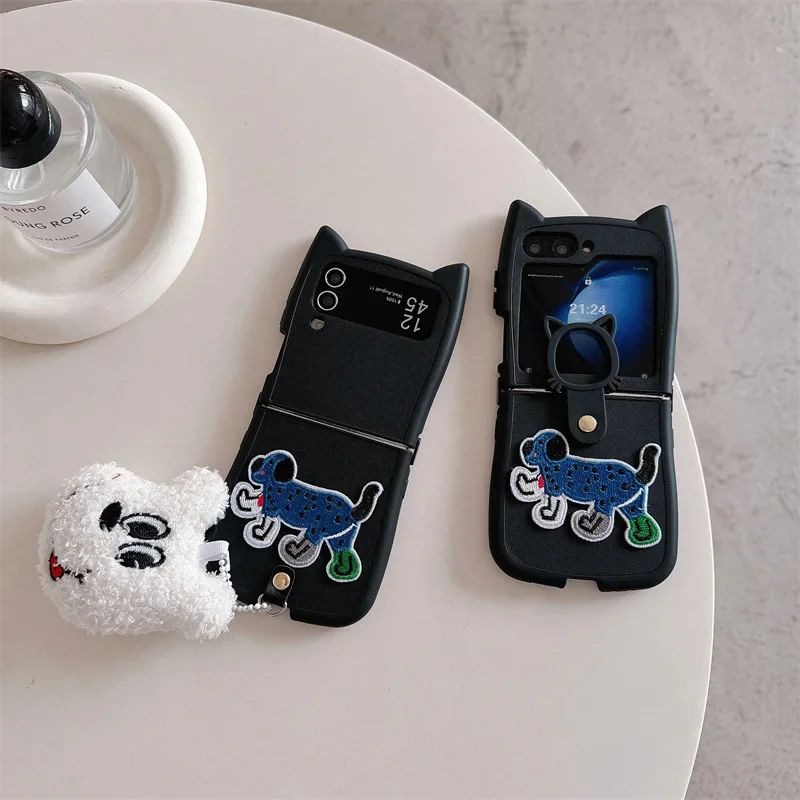 

Embroidered Puppy Phone Case for Samsung Galaxy Z Flip 6 5 4 3 Protective Back Cover for ZFlip4 ZFlip5 ZFlip6 Case