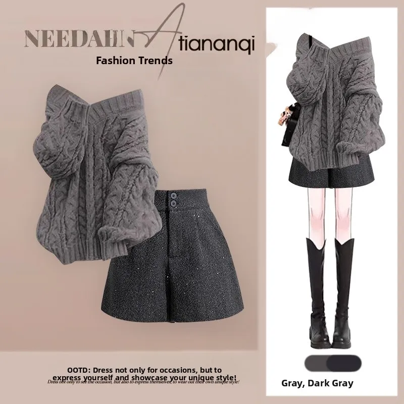 

Осенний высококачественный вязаный свитер на одно плечо и повседневные шорты: комплект из двух предметов, стройнящий силуэт, модный, универсальный, женская мода