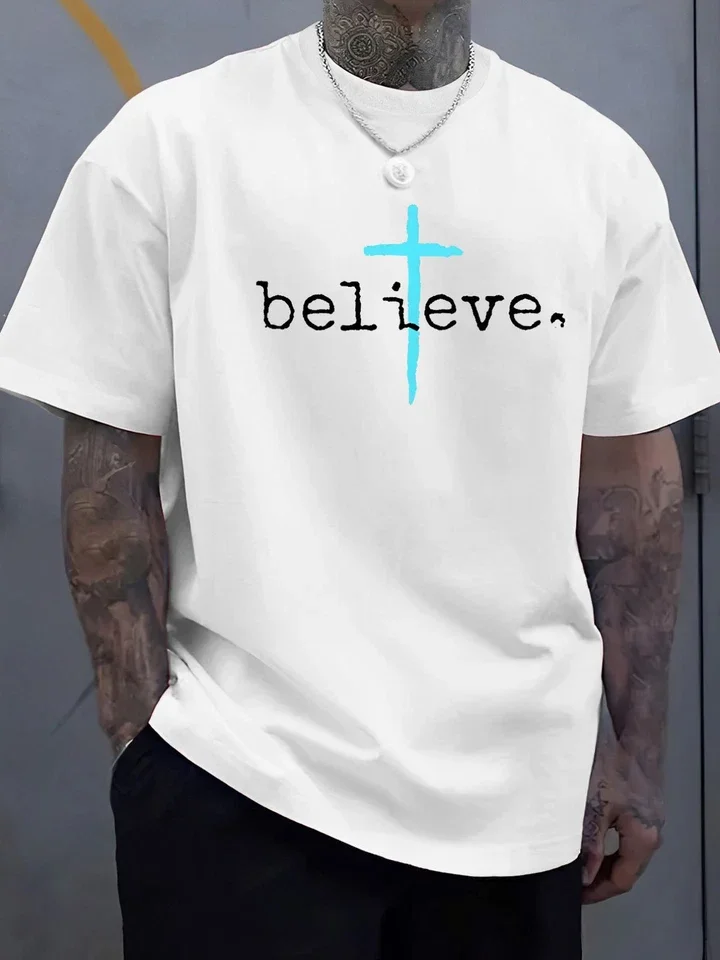 Men's Believe Letter Graphic Gothic T Shirt Tee Cotton Women Summer Ironic Humor Streetwear Casual Trendy Oversized Loose Top