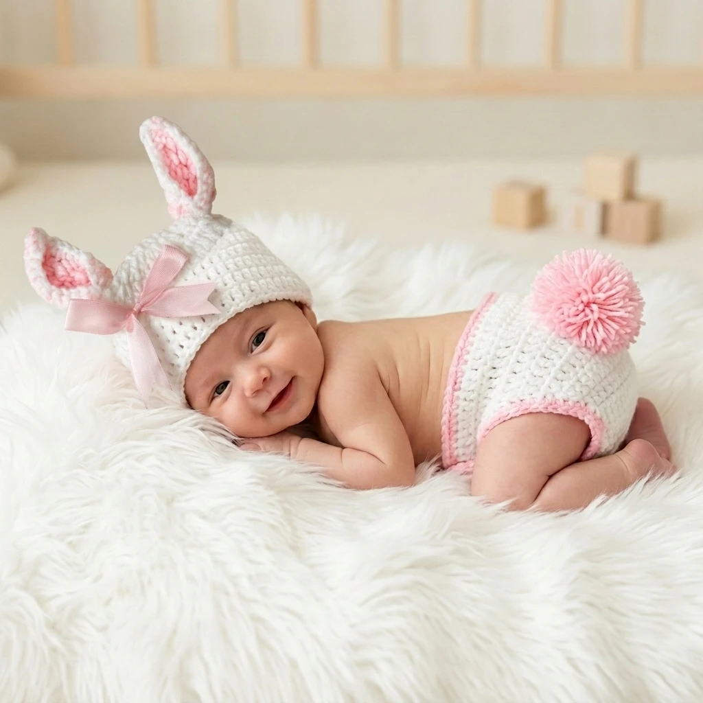 Newborn Photography Props Bunny Outfit Handmade Crochet Baby Hat Diaper Cover Set Toddler Rabbit Costume Photo Shoot Accessories