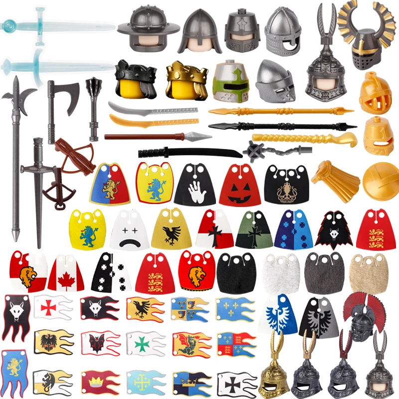 中世の軍の騎士のモックのおもちゃ,兵士の置物のアクセサリー,ビルディングブロック,役員のベスト,マント,コート,シールド,ヘルメット,武器,モック
