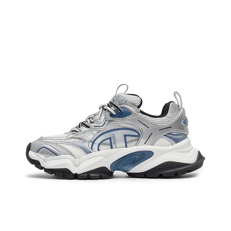 Champion Tooth Shark Shoes Power Armor Low top Chunky Sneakers pour hommes, couleur argenté blanc/bleu agate