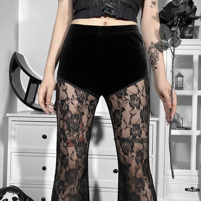 Goth Dark Techwear Gothic Aesthetic High Waist Flare Pants Lace Patchwork Sheer Trousers Y2K Cyber Slim Pant Streetwear 2025