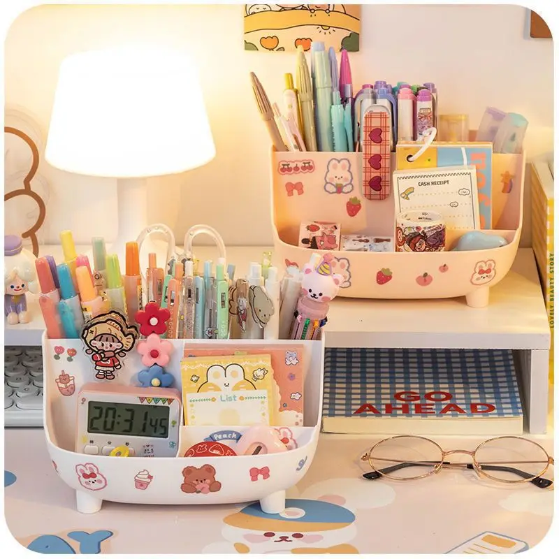 Desktop Pen Holder Large-Capacity Cute Stationery Storage Box For Girls Creative Cartoon Pencil Holder Ins Desk Organizer