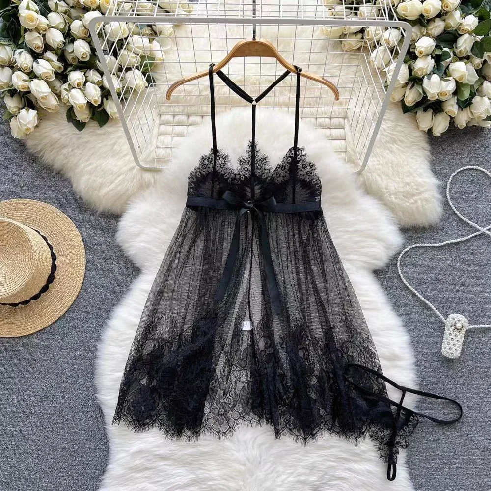 One Piece Sexy Mesh Lace Starppy Dress Transparent Erotic Women\'s Nightgown Nightwear Ultra Thin Pajama Trend Sensual Hot Bow