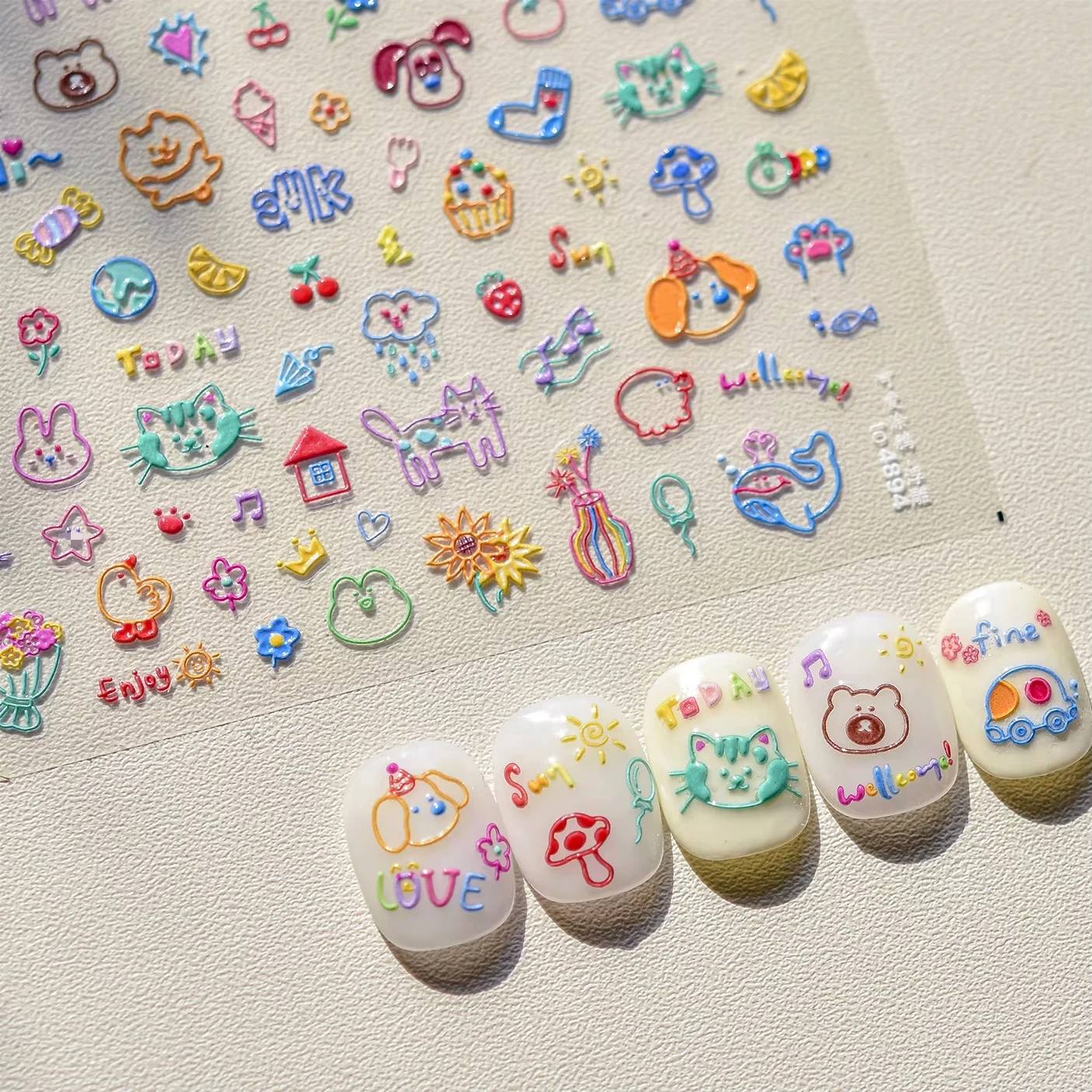 Cute Animal Graffiti Cat Claw Rabbit Bunny Bear Dog Flower Fruit Dim Sum Candy Sunflower Relief Adhesive Nail Art Stickers Decal