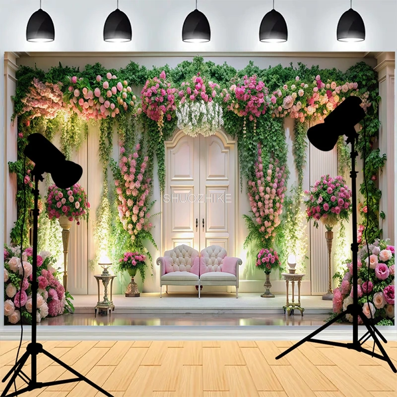대형 꽃 아치 꽃 장식 녹지 사진 배경, 새해 가족 파티 사진 배경 XH-70