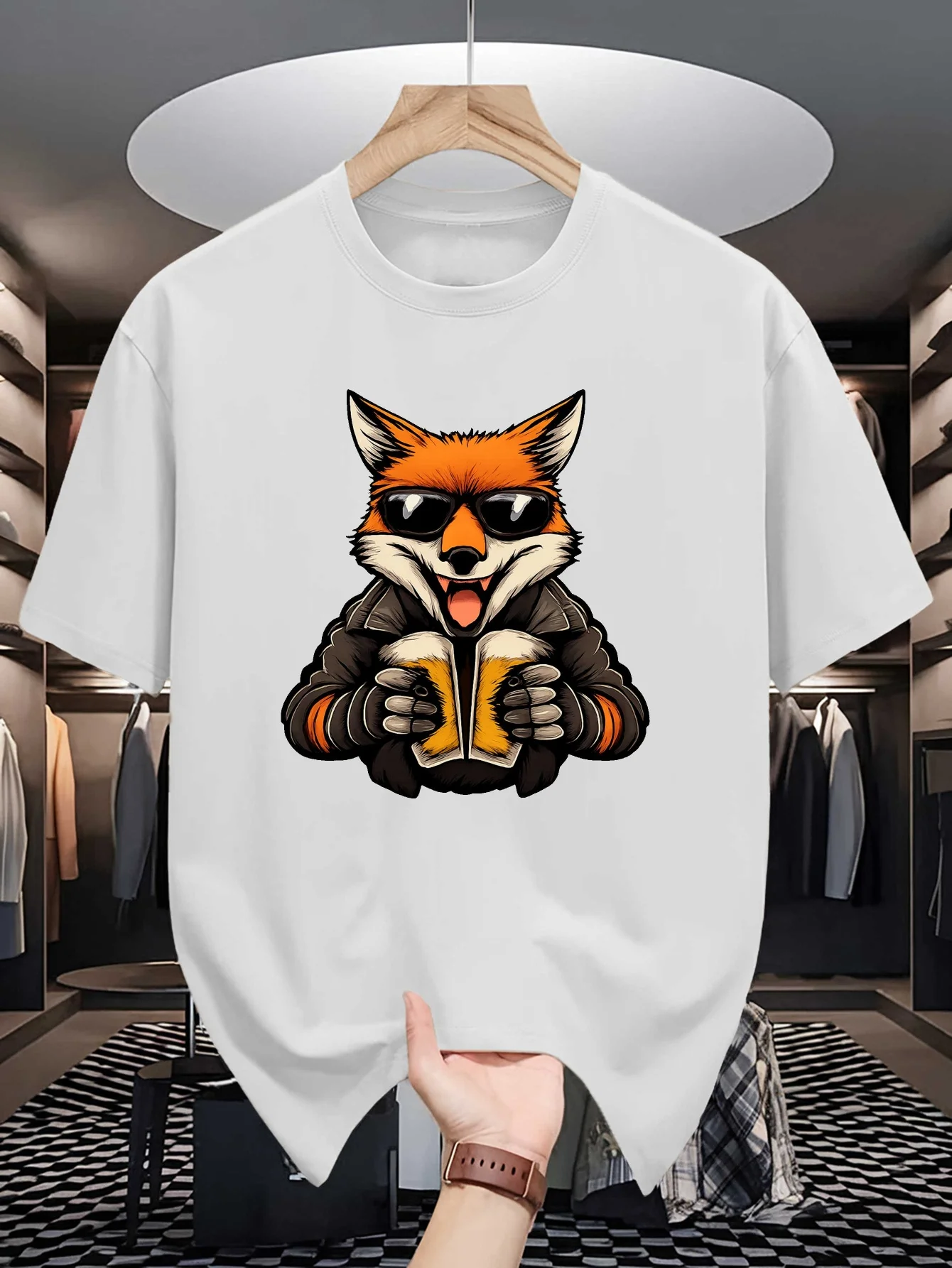 Fox Beer Mug Cartoon Graphic Mens Crew Neck T Shirt Cool Sunglasses Biker Animal Print Short Sleeve Casual Cotton Daily Tops