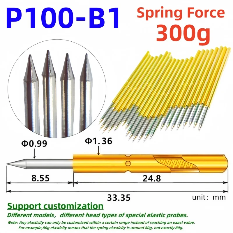 

20/100PCS P100-B1 Spring Test Probe P100-B Test Pin Test Tool 33.35mm Dia1.36mm Needle Tip Dia0.99mm Pogo Pin 300g Elastic Force