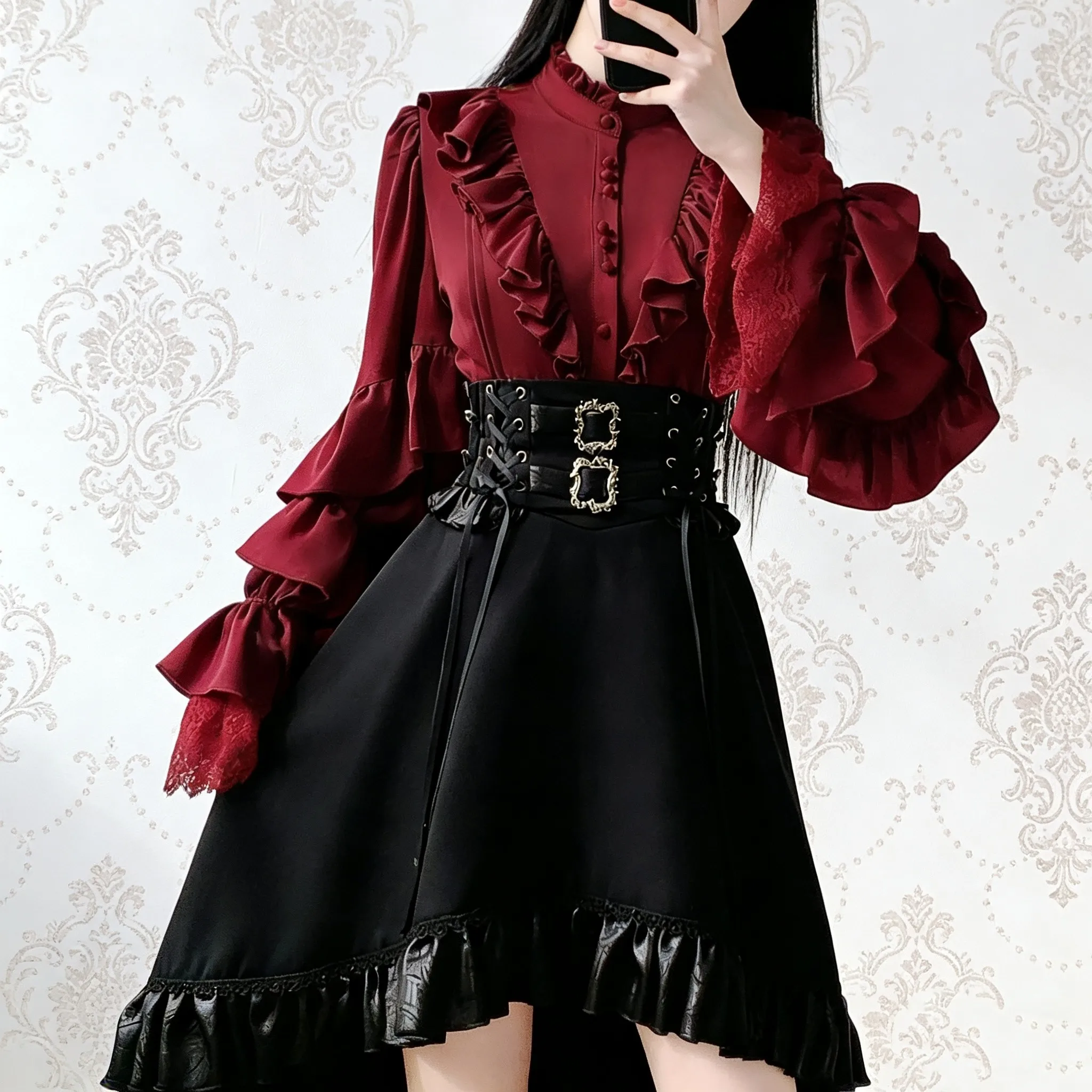 MAGOGO Lolita Prince Red Shirt Gothic Style Sk Black Skirt Set Short Front and Long Irregular Skirt