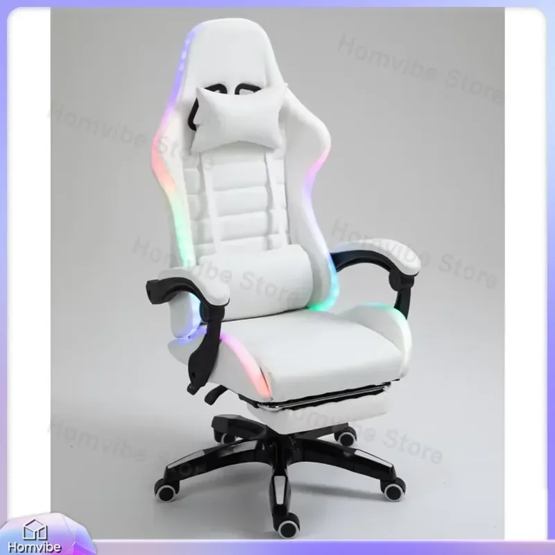 White PU Leather Gaming Chair with RGB LED Lights Massage Function Built-in Speakers Racing Style Ergonomic Design for PC