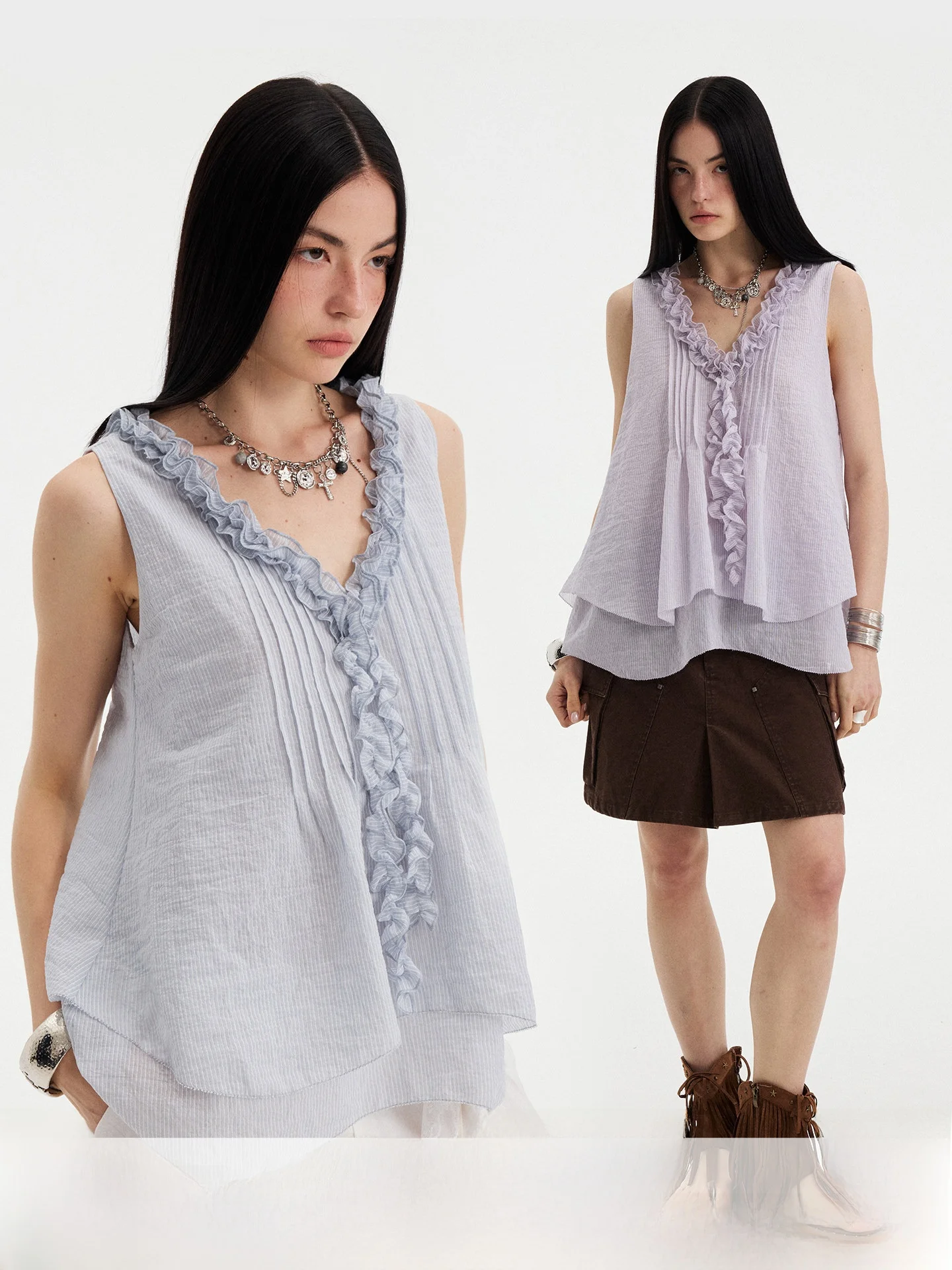 DIDDI MODA Blue Striped Ruffle Hem Sleeveless V-Neck Women's Vest Comfortable Pressure-Free Holiday Style Top