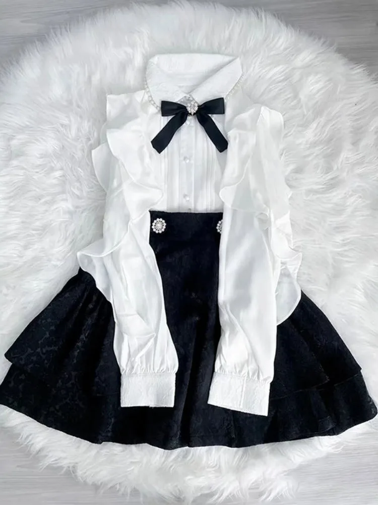 Japanese Y2k Ruffle Shirt 2024 Japanese Kawaii Tops Blouses Fairy Harajuku Pleated Blusas Vintage Lolita Mall Goth Camisas