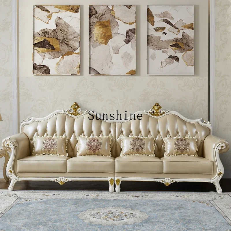 European leather four luxury large villa full solid wood carving flower sofa  FT