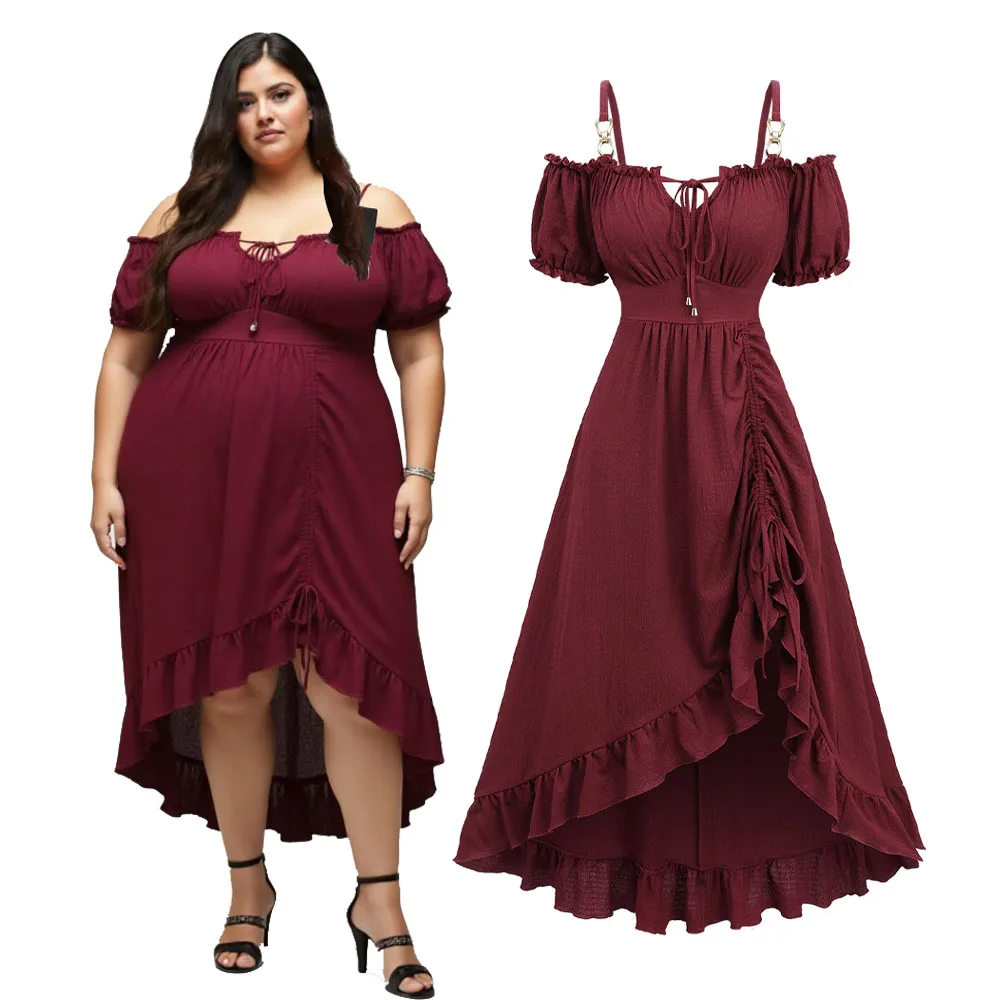 

ROSEGAL Plus Size Vintage Dress Red Wine Cinched Ruched Ruffles Cold Shoulder Puff Sleeves Textured A-Line Women's Fashion Dress