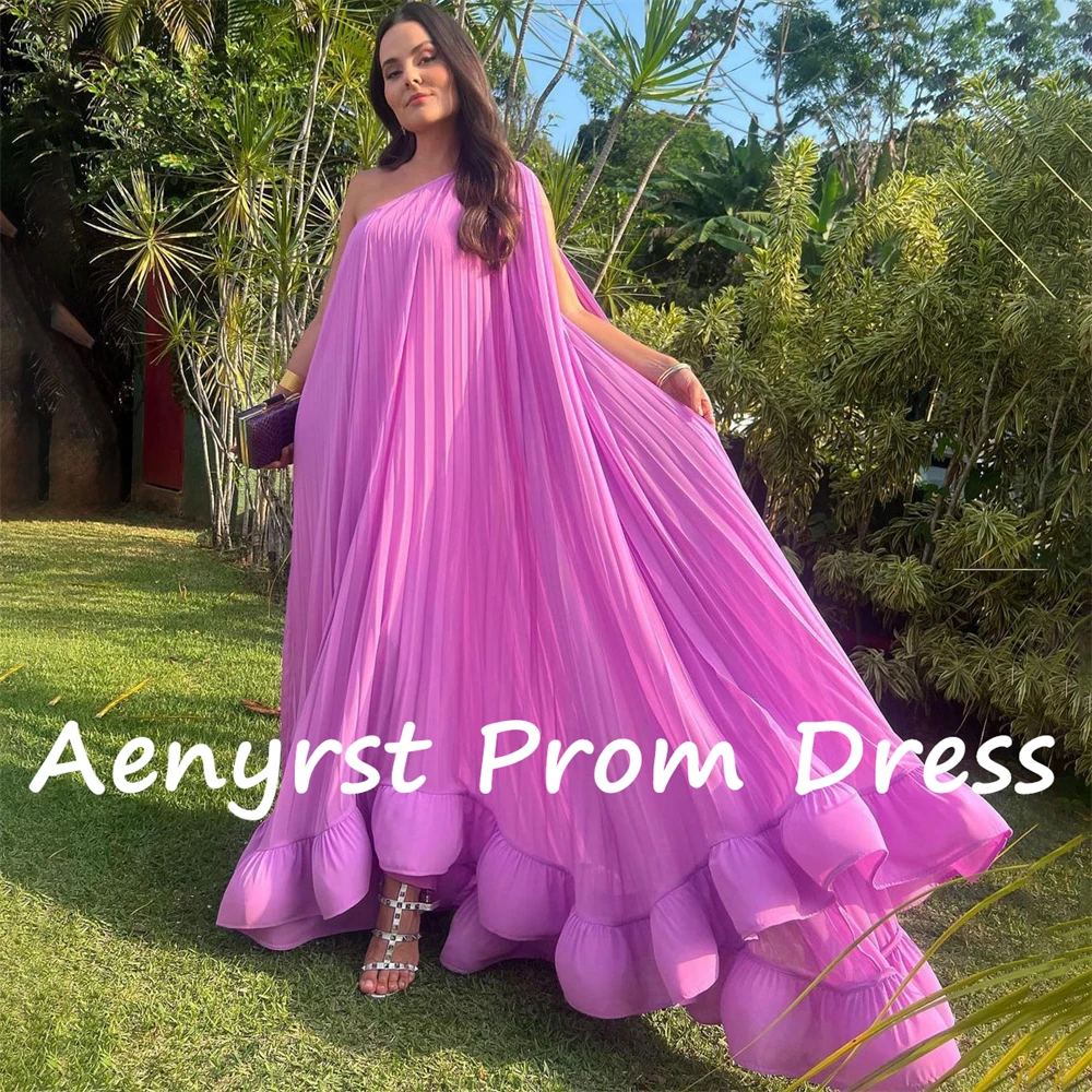 Aenyrst Pink One Shoulder Evening Dresses Chiffon Draped Ruched A Line Party Gowns For Women Floor Length Formal Prom Dress 2024