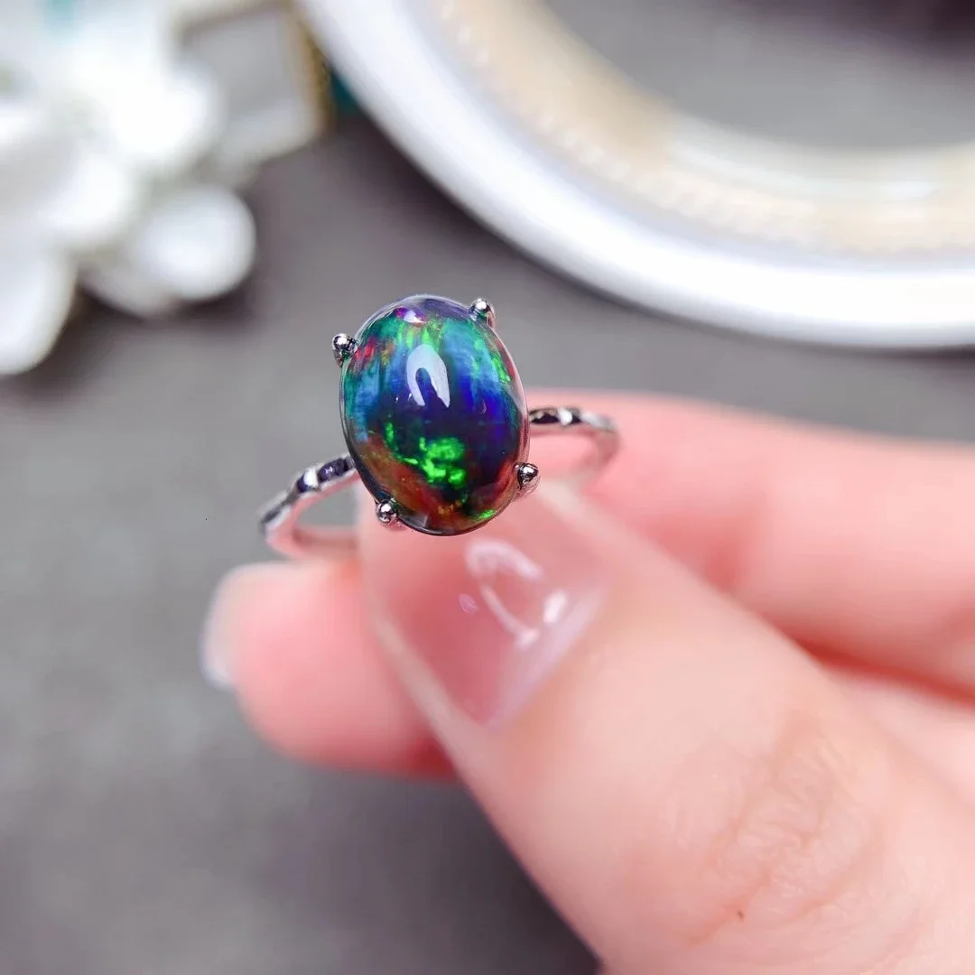 Simple 925 Silver Black Opal 6*8mm Ring for Daily Wear 100% Natural Opal Ring Sterling Silver Gemstone Jewelry