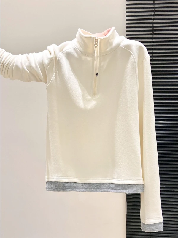 Casual Long Sleeve Fleece Women's T-shirt Zipper Stand Collar Brushed Texture American Style False Two-Piece High Waist Fit