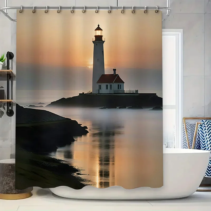 

Занавеска для душа с маяком, сцена заката, водонепроницаемая ткань с 3D принтом, коврик для ванной, декоративные аксессуары для дома для ванной комнаты, черный, белый