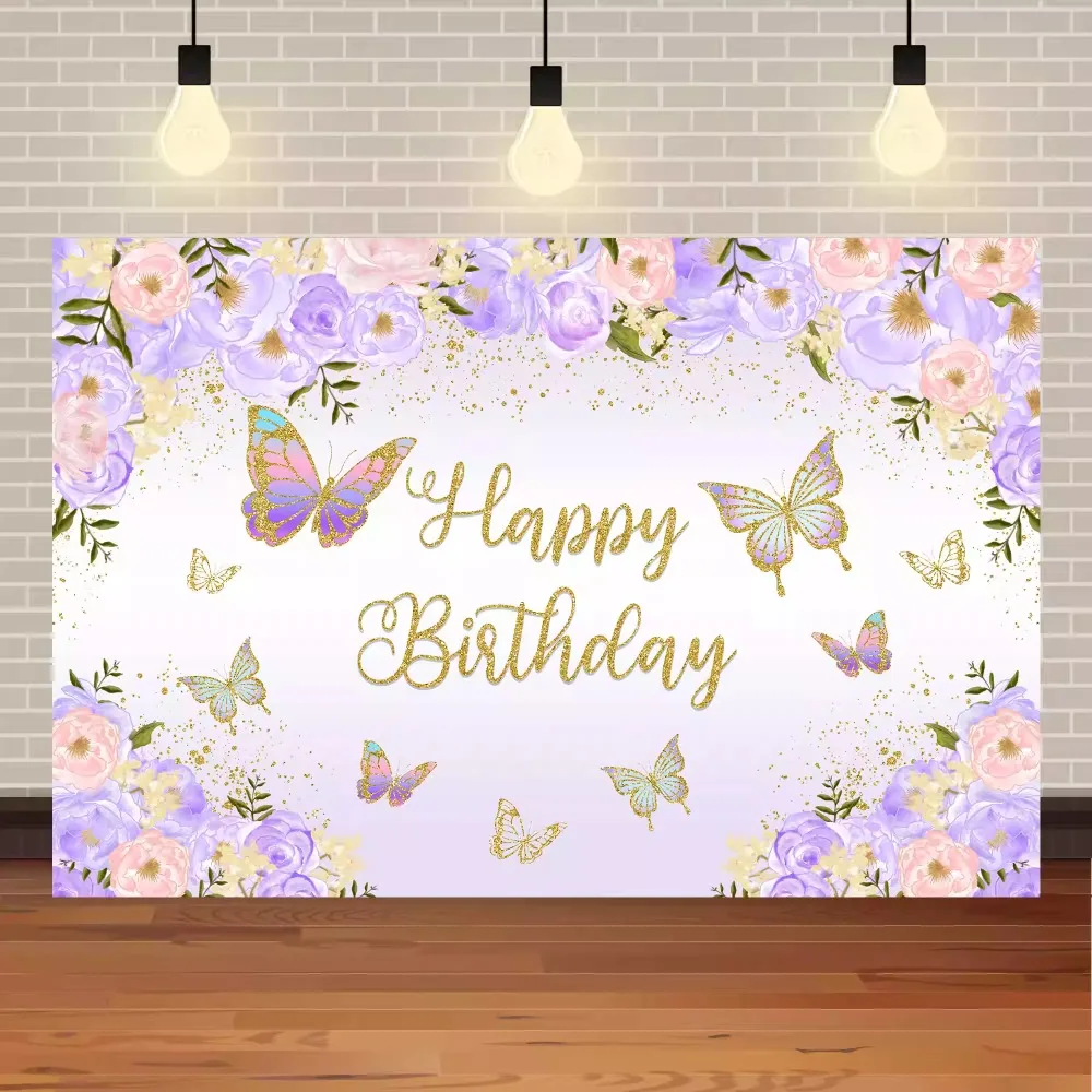 Newborn Baby Shower Backdrop Butterfly Flowers Princess Girl Happy Birthday Party Decor Banner Photography Background