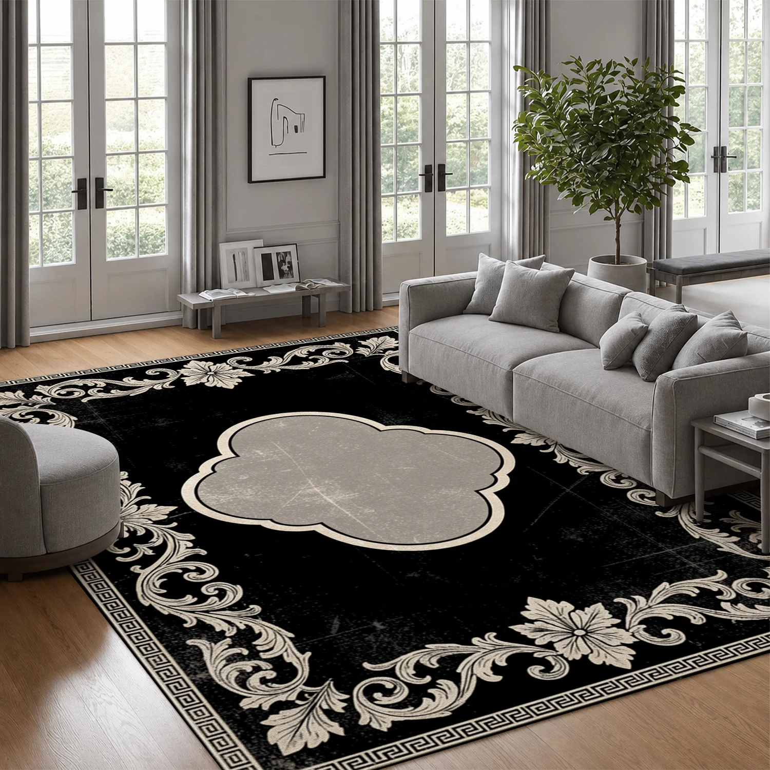 Vintage Ornate Floral Greek Key Pattern Area Rug, Velvet Material, Machine Washable, Soft Decorative Floor Mat for Living Room, Bedroom, Dining Room, Entryway, Ideal for Halloween, Thanksgiving, Christmas, New Year Holiday Decor