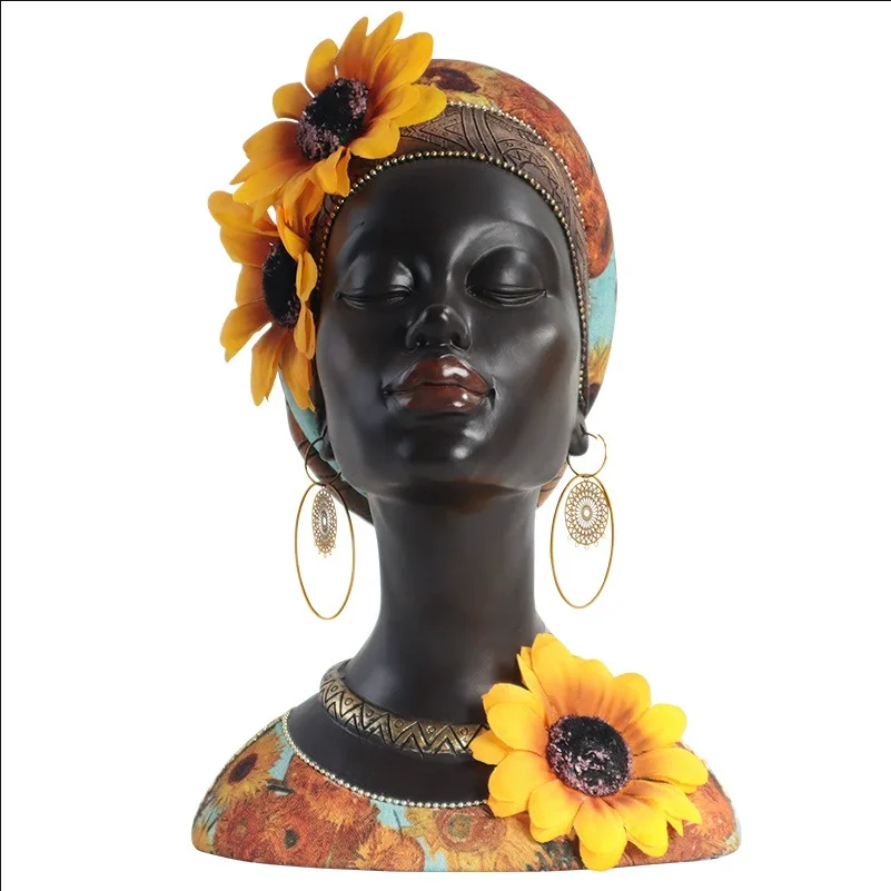 African Sunflower Sunflower Black Girl Portrait Ornament Ethnic Women Handmade Sculpture Crafts