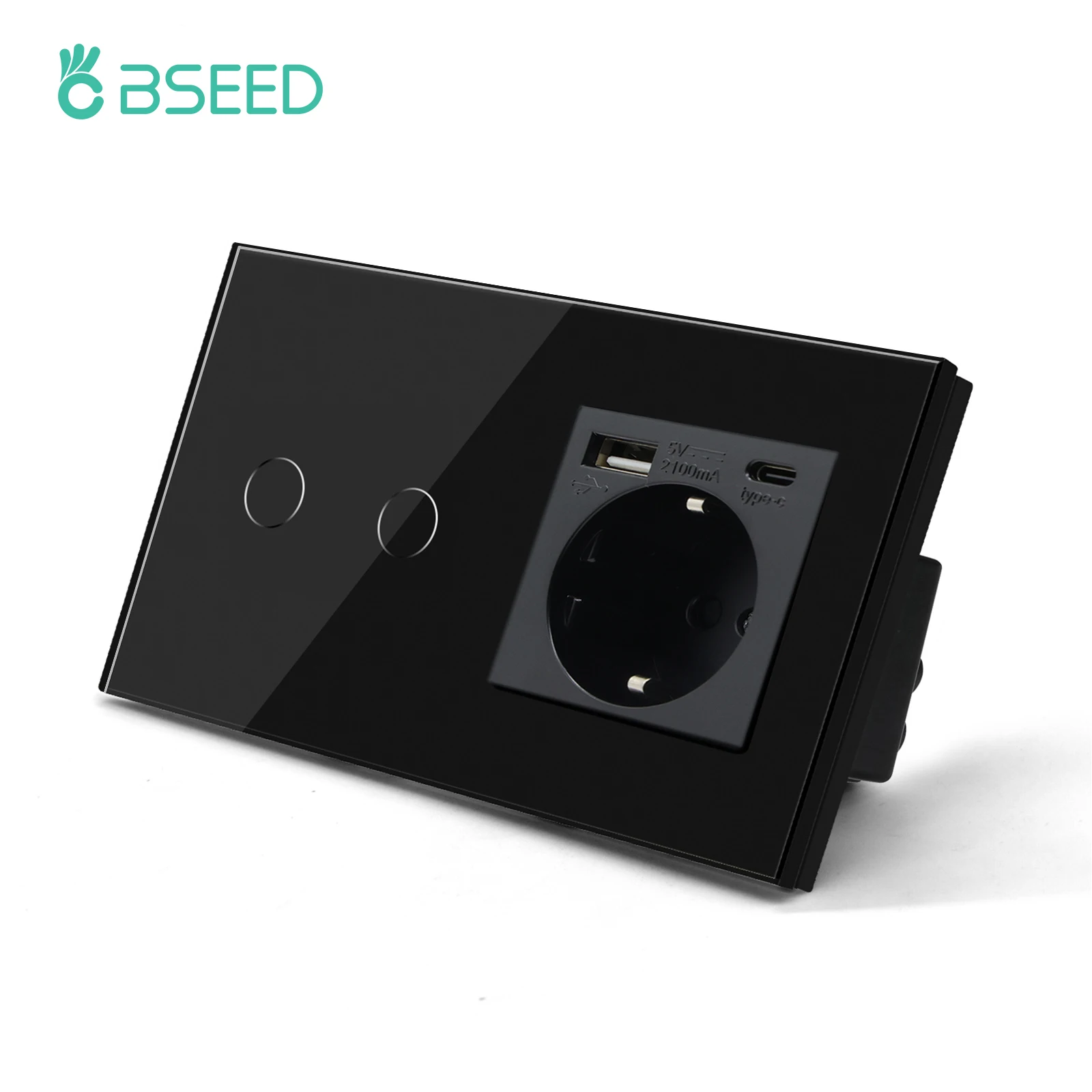 BSEED Touch-Lichtschalter, Steckdose, Glas, 1/2/3 Gang, Touchscreen-Schalter, Steckdose, max. 300 W/Gang, LED-Schalter, Steckdose, Schwarz