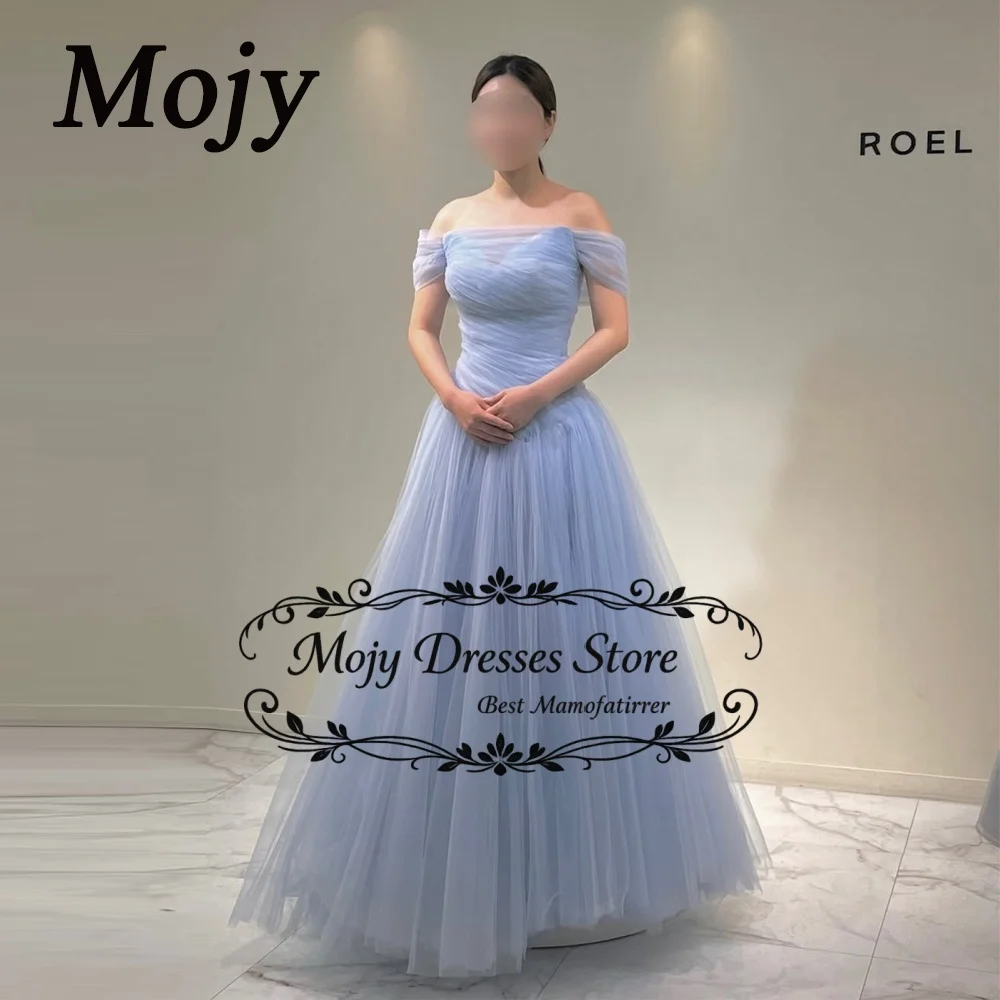 

Mojy Elegant Blue Tulle Off Shoulder Evening Dresses Customized Floor-Length Prom Gowns Korea Photo Shoot Formal Party Dresses