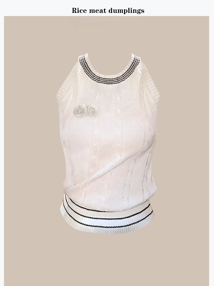 

Vintage Knitted Off-Shoulder Vest Casual round Neck Twist Braid Design Base Layer Top Trendy Commute Style Color Summer