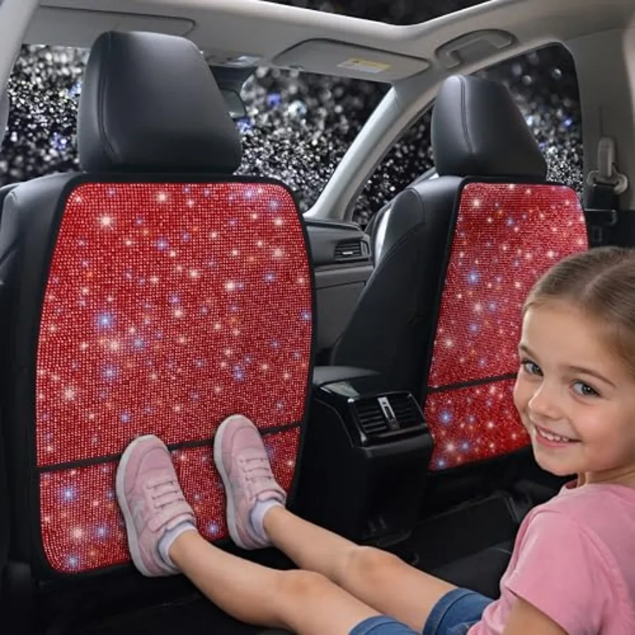 

Luxury Bling Car Seat Back Protectors with Pockets Sparkling Rhinestone Kick Mats, Universal Fit PU Leather Back Seat Covers fo