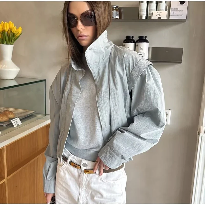 Kurze Damen-Windjacke mit Stehkragen, Locker Geschnitten, Langarm, Leichte Freizeitjacke 2026 Streetwear für Täglichen Pendler- und Outdoor-Gebrauch – Detail 11