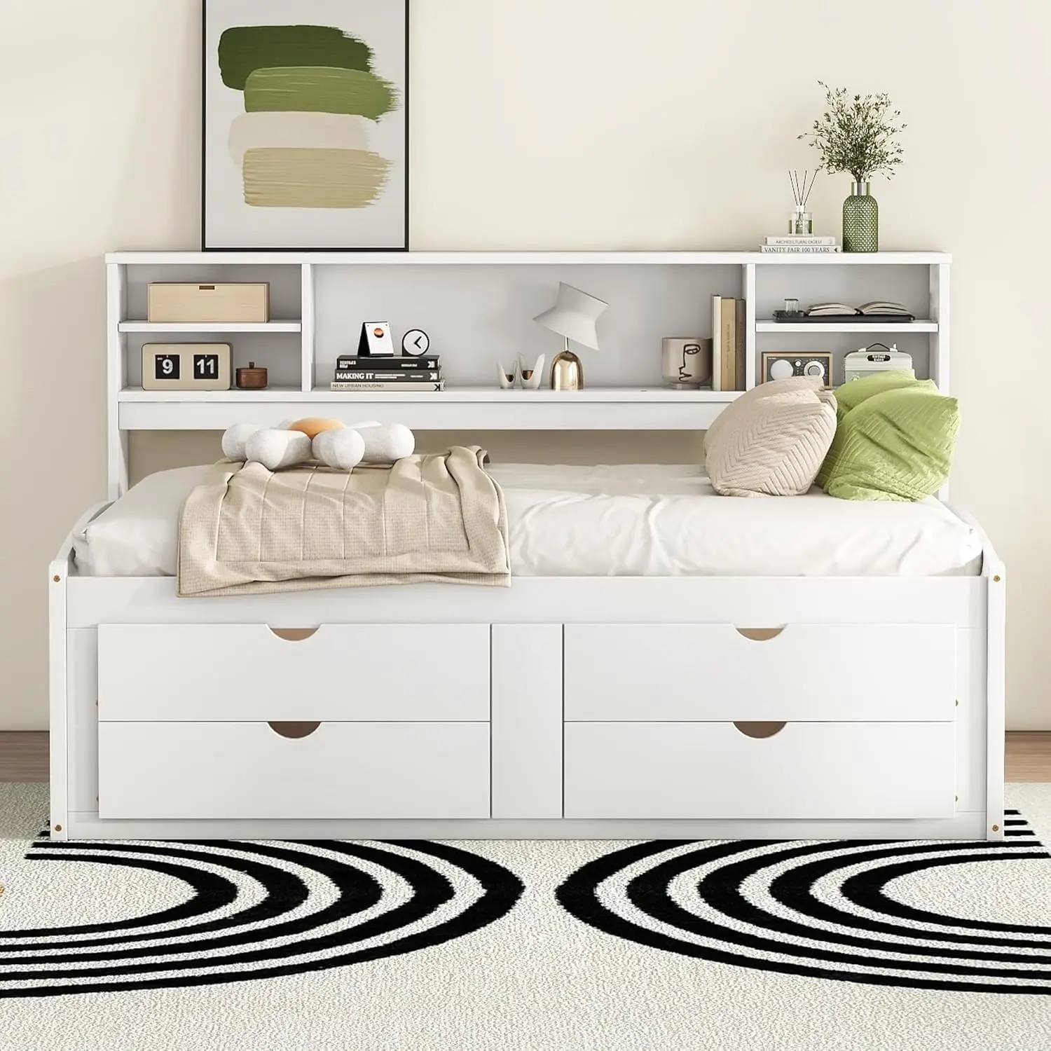 Full Daybed Storage Bookcase Shelves Drawers Solid Wood Captain Bed Frame Adults No Box Spring Needed White, Customized