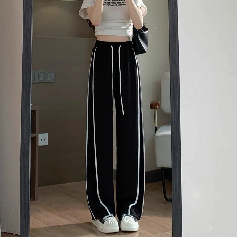 Calça esportiva feminina de seda gelo, primavera e verão, fina, novo estilo, solta, cintura alta, casual, secagem rápida, duas barras, reta, pernas largas