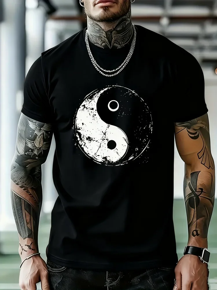 Bagua Disc 3D-gedrucktes Herren-Kurzarmshirt mit Rundhalsausschnitt, modisches und bequemes, vielseitiges Sommer-Party-Oberteil für den Alltag