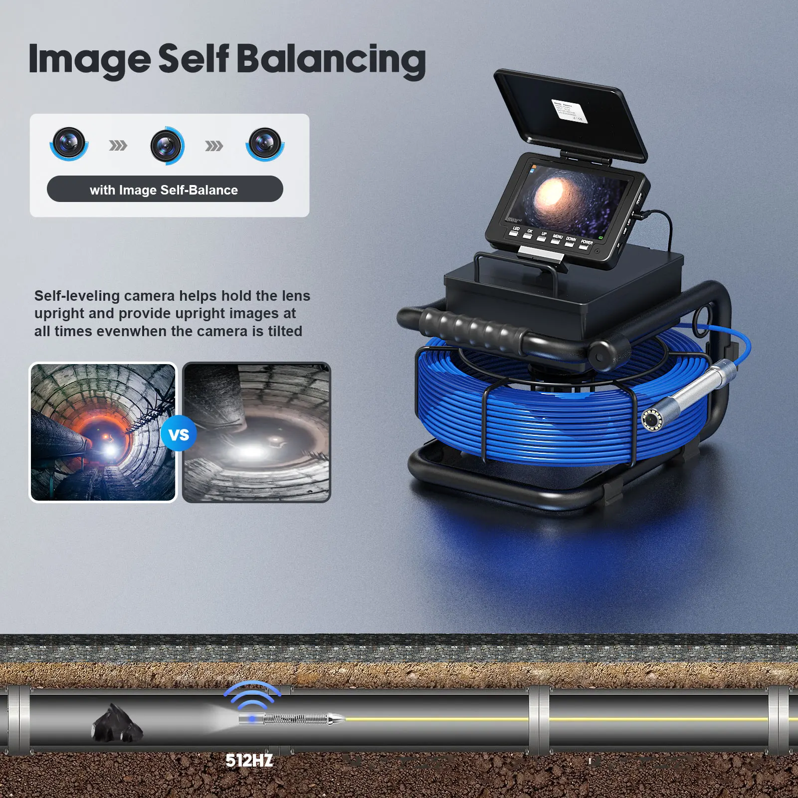 Pipe Inspection Camera 5in+ Self-Leveling 512HZ Transmitter+Audio Recording +DVR Drain Sewer Inspection Video Endoscope Camera