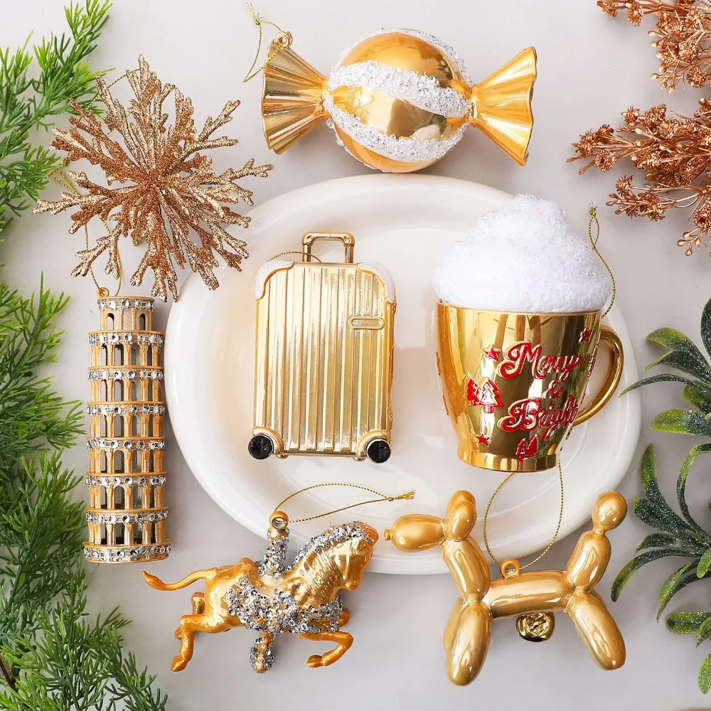 Golden PC Christmas Ornaments  Xmas Tree Hanging Pendant Gold Balloon Dog Sled Bowknot Decor DIY Home Decoration Holiday Gift
