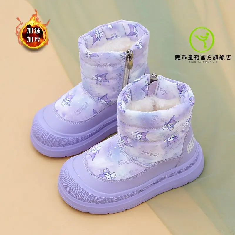 Kuromi Anime Kawaii MINISO Winter Waterproof Ins Snow Boots Cute Cashmere Cotton Princess Warm Shoes Lovely Gifts for Kids