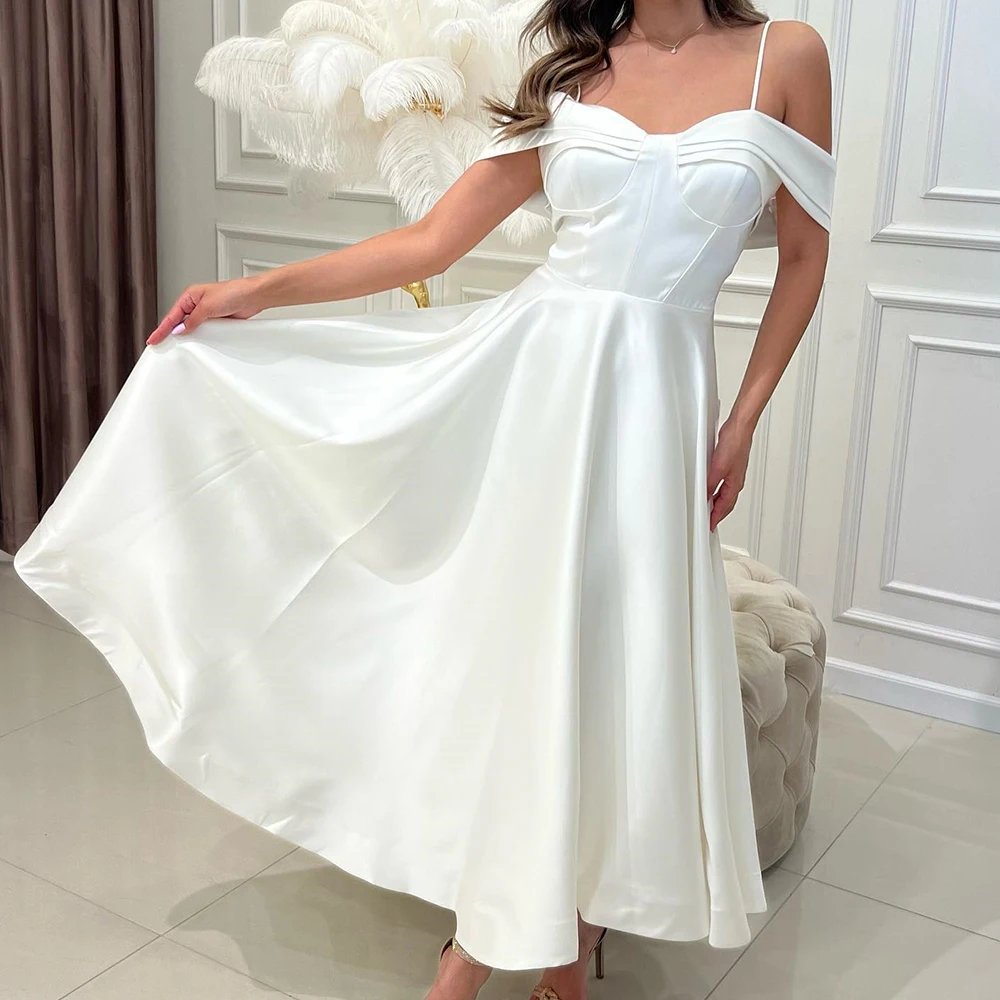 

Tea Length Off the Shoulder Straight Satin Short Sleeves Pleats Solid White Elegant Party Dresses Woman Special Occasion Gowns