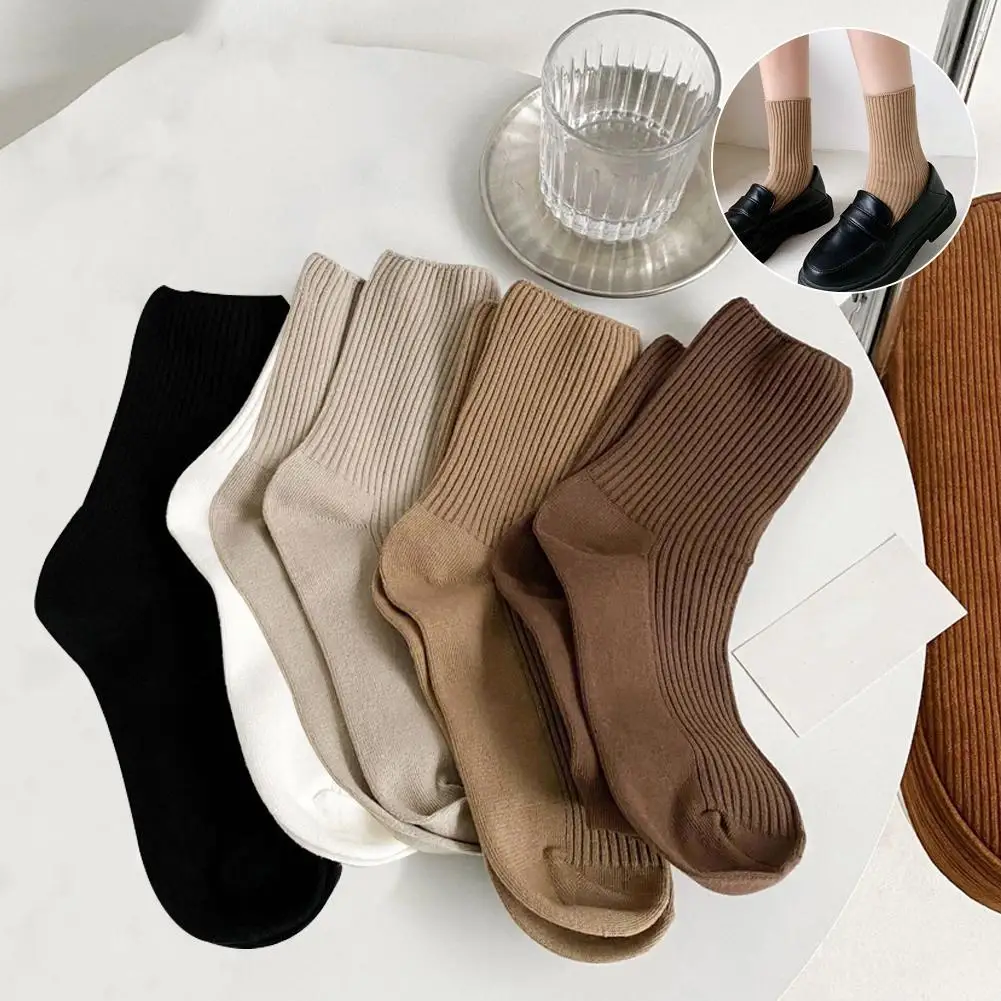 5 Pairs Solid Color Women's Mid Length Socks Leisure Soft Women's Quality Socks High Spring Breathable Stripe Autumn Simpli B5y7