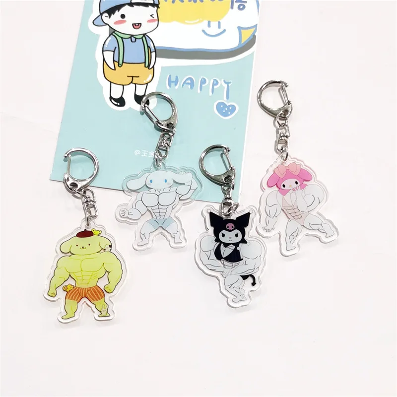 Sanrio Muscular Keychain Anime Kuromi Cinnamoroll Hello Kitty Melody Acrylic Keyrings Cute Cartoon Pendant  Accessories for Bags