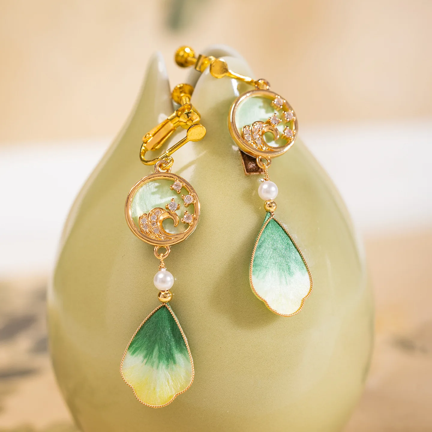 Handmade intangible cultural heritage fluff earrings women's green ear hook earrings fringed earrings
