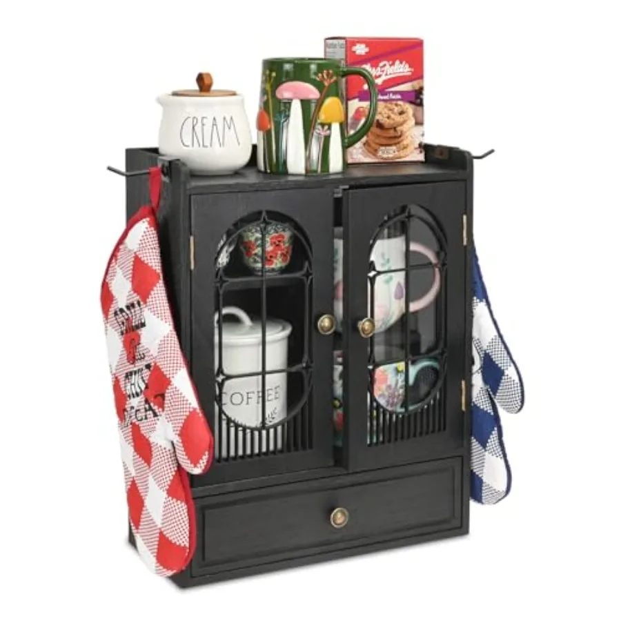 

Wooden Countertop Storage Cabinet with Magnetic Door Adjustable Shelves Removable Hooks and Drawer for Jewelry Makeup Pantry Bl