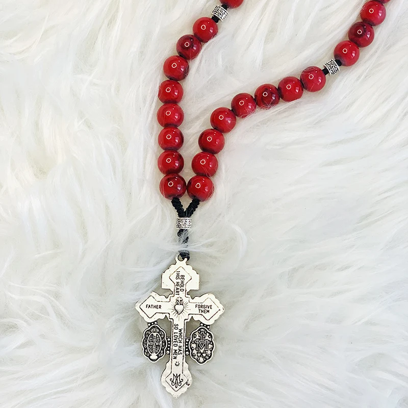 Red Handmade Beads Prayer Rosary Necklace Women Men Christian Catholic Cross Virgin Mary Crucifix Pendant Chain Religion Jewelry