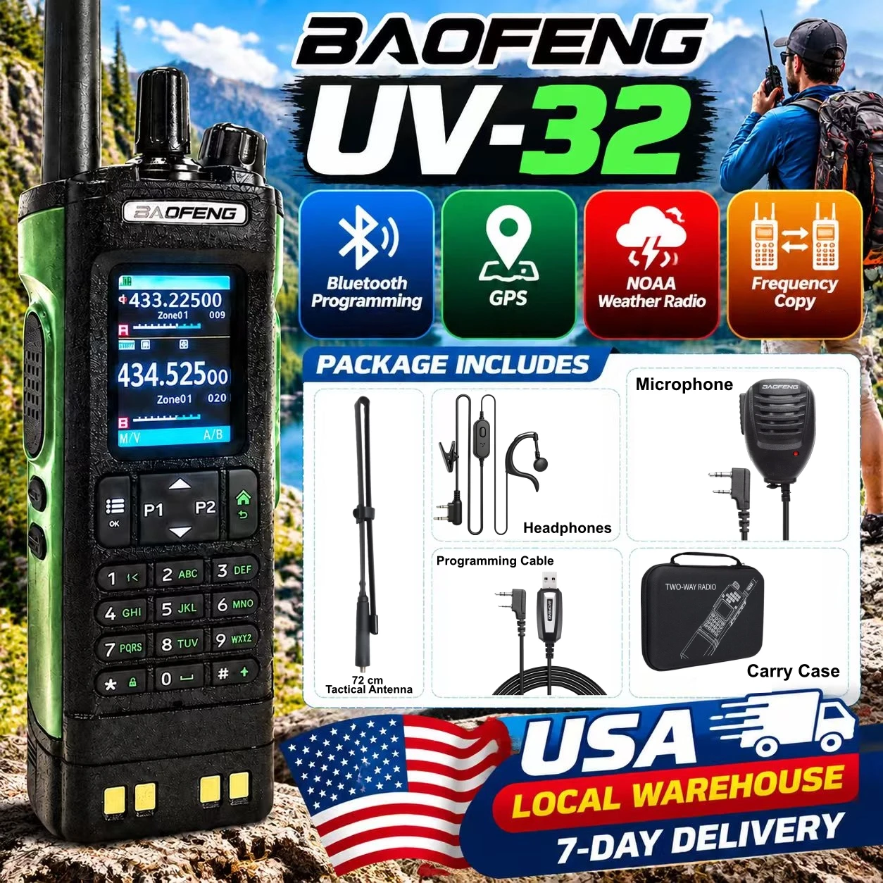 US Stock BAOFENG UV-32 10W Ham Radio GPS Walkie Talkie Multi Band UHF VHF Bluetooth Programming Two Way Radio NOAA Long Range