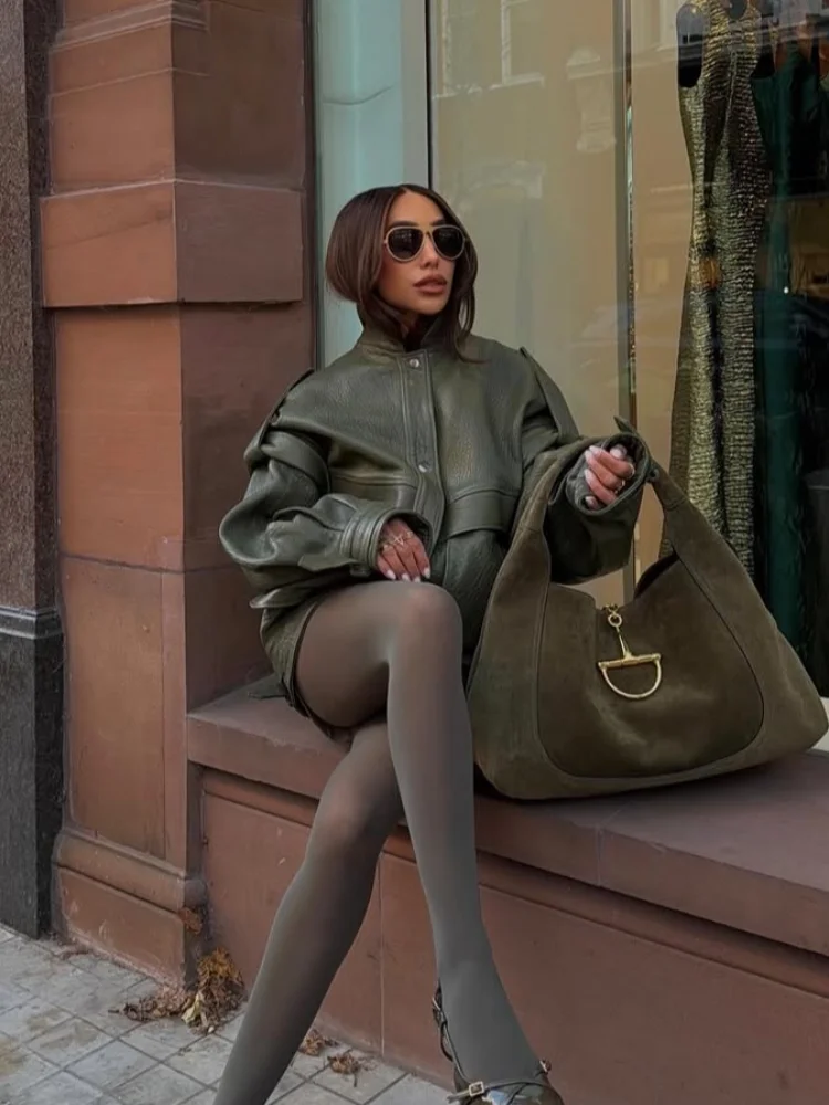 Veste courte en cuir pour femmes, vert, Vintage, mode, col montant solide, simple boutonnage, vêtements d'extérieur amples, manteau Highstreet quotidien