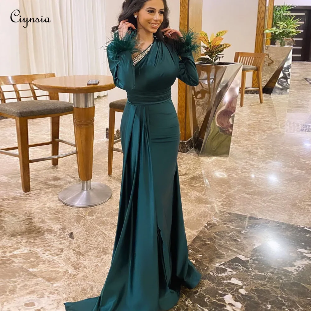 

Ciynsia Emerald Green Evening Dress Long Mermaid Full Sleeves Elegant Formal Occasion Dresses with Feathers Robe De Soiree Abiye