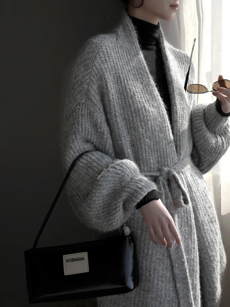 

Warmo2026 Spring New Belted Large Knit Cardigan Mid-Length Furry iny Loose Women's Knitted Sweater Korean Sle Commute