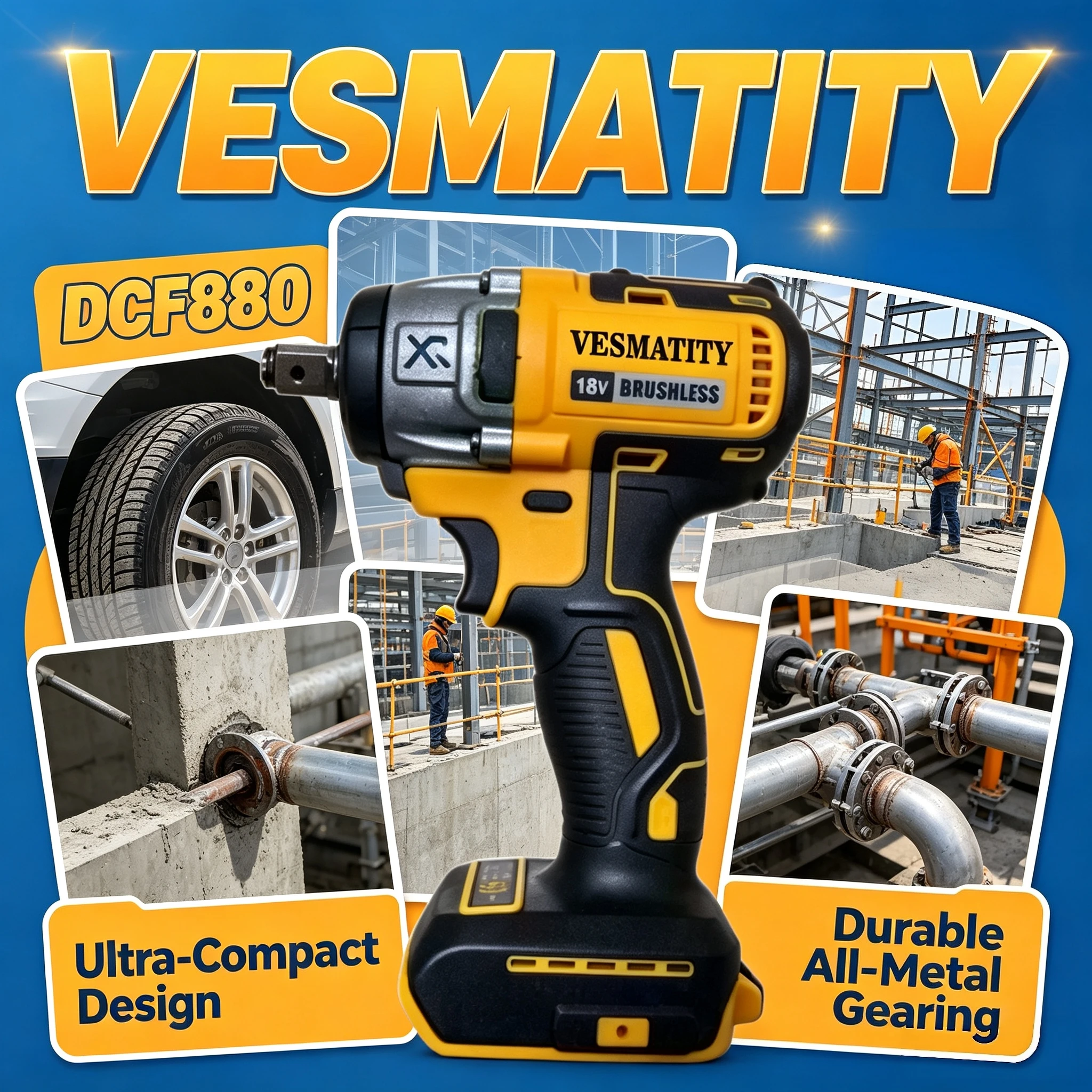 Vesmatity DCF880 Brushless Impact Driver 3250RPM 3800IPM 205Nm Cordless Multifunctional Drill for DeWALT 18V Battery Pro