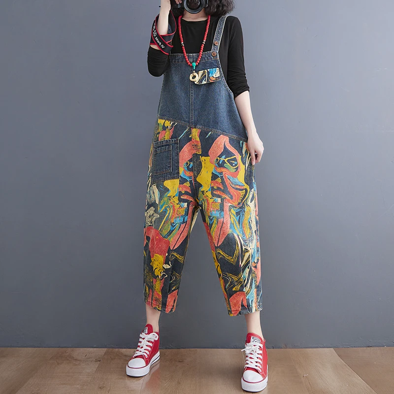 Streetwear Patchwork Printing Denim Jumpsuits Women Loose Wide Leg Dungarees Baggy Pants Rompers Spring Summer Jeans Overalls